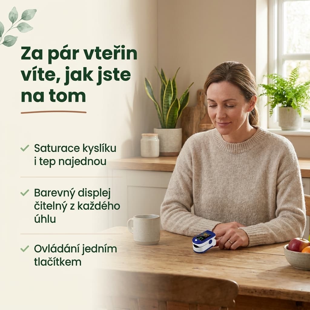 Pulzní oxymetr – saturace kyslíku i tep, barevný čitelný displej